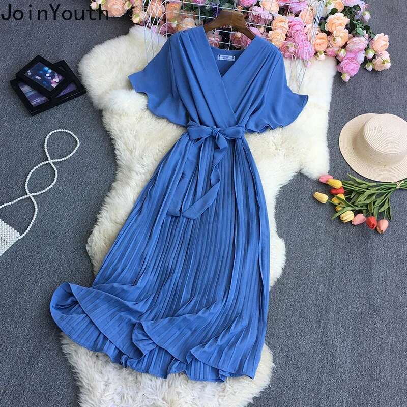 Maxi Dresses for Women V-neck Korean Vintage Long Robe 2025 Vestidos De Mujer Bandage Dress Fashion Pleated Summer clothes