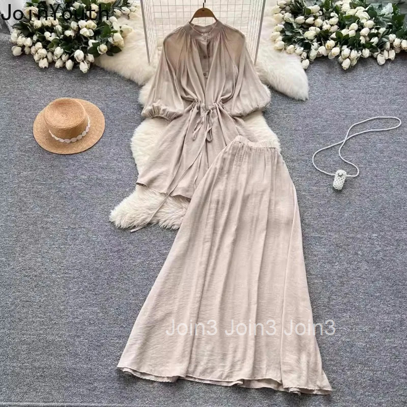 Skirt Outfits Summer 2 Piece Set Womens Clothing Bandage Long Blouses High Waist A-line Skirts Suit Roupas Femme Vintage Sets