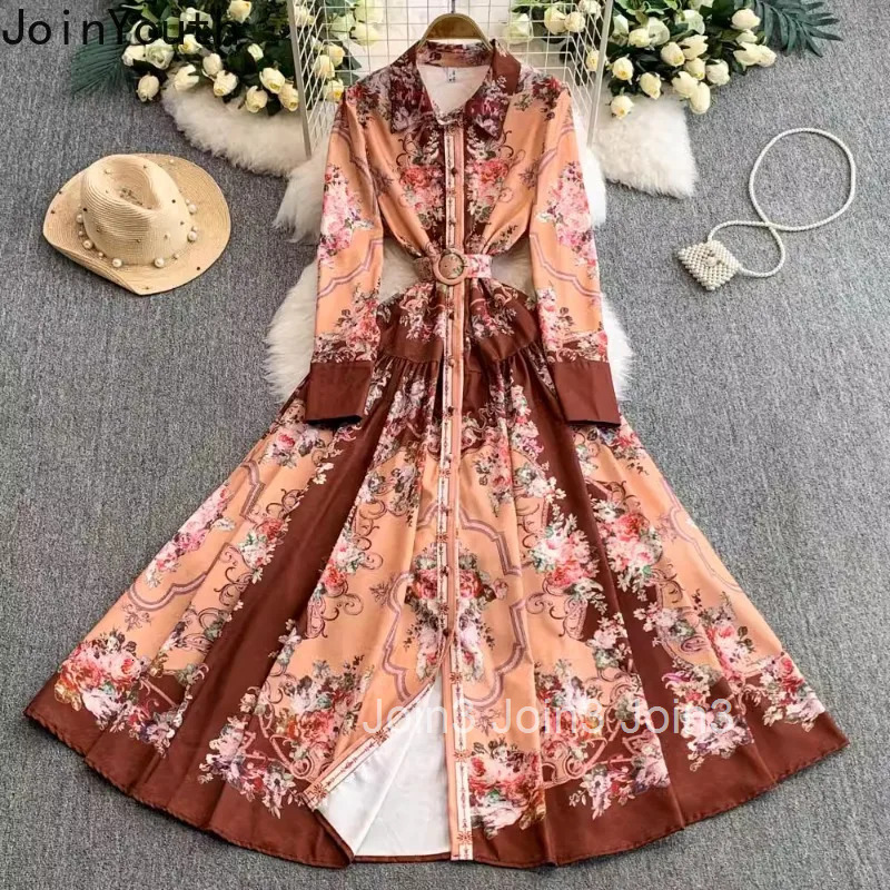 Maxi Dresses Women Clothing 2025 Vestidos De Mujer Single Breasted Floral Big Swing Robe Femme High Waist Vintage Summer Dress