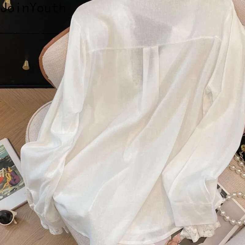 2025 Camisas De Mujer White Long Sleeve Blouses Womens Clothes Patchwork Lace Fashion Shirts See Through Oversized Sexy Tops