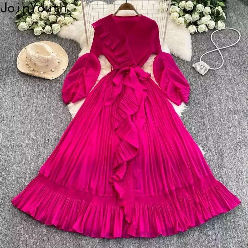 Temperament Robe Femme Ruffles Maxi Dress Women Clothes V-neck Slim Waist Big Swing Pleated Dresses 2025 Vestidos De Mujer