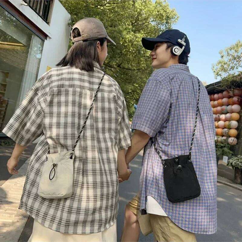 Korean Mini Nylon Shoulder For Men Women Chic Crossbody Bucket Bag Casual Small Handbag Drawstring Buckle Purse Phone Pouch