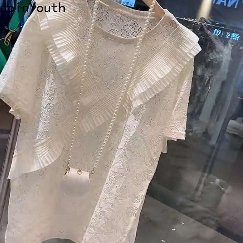 Oversized Tshirts for Women Patchwork Lace Summer Tees Fashion Casual Korean Tees Hollow Out Ruffles T-shirt 2025 Ropa Mujer