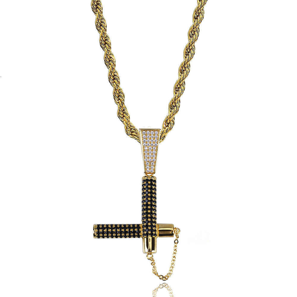 Hip Hop Micro Paved Black Zircon Nunchaku Pendant Men's Trendy Necklace