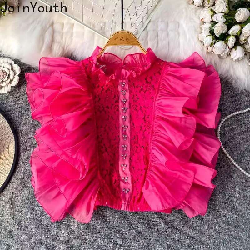 Camisas De Mujer Summer Blouses 2025 Womens Clothing Stand Neck Patchwork Lace Ruffles Shirts Temperament Korean Blouse Tops