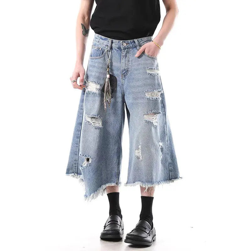 American Vintage Blue Ripped Short Jeans Mens Oversized Distressed Jorts Y2k Grunge Baggy Boyfriend Denim Shorts Wide Streetwea 250616