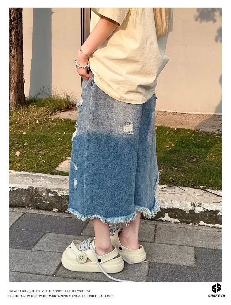DM Vintage Ripped Denim Shorts Men Streetwear Harajuku Baggy Jeans Shorts Summer Casual Loose Shorts 250617