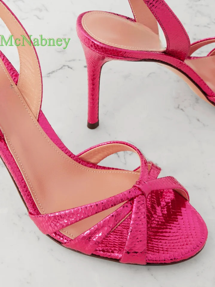 Pink Metallic Snakeskin Leather Sandals Cross Strsp Thin High Heels Round Open Toe Elastic Slingback Strap Solid Summer Shoes 250617