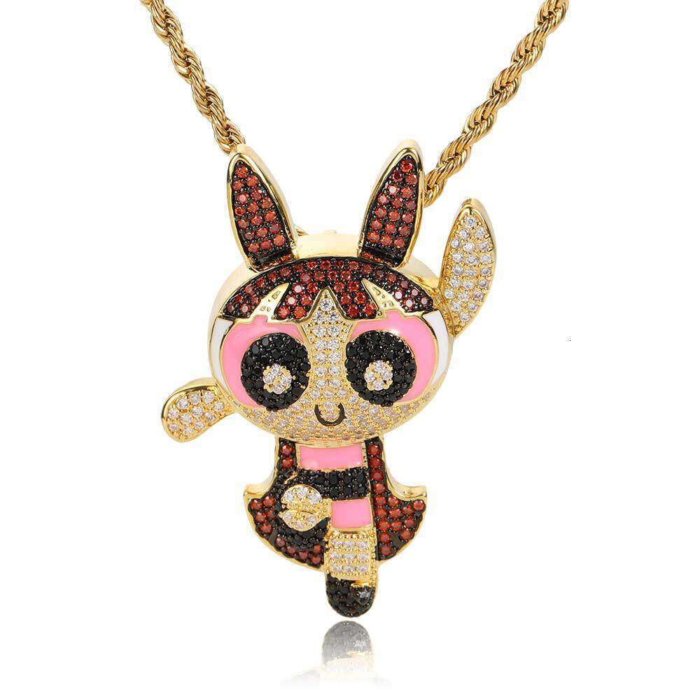 Hip Hop Cartoon Anime Powerpuff Girls Blossom Trendy Brand Copper Inlaid Zircon Men's Pendant Necklace 7821