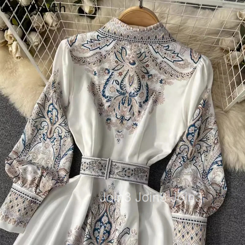 Print Maxi Dress Women Slim Elegant Long Robe Femme Fashion Vintage Dresses Lantern Sleeve Bandage Vestidos Mujer Clothes