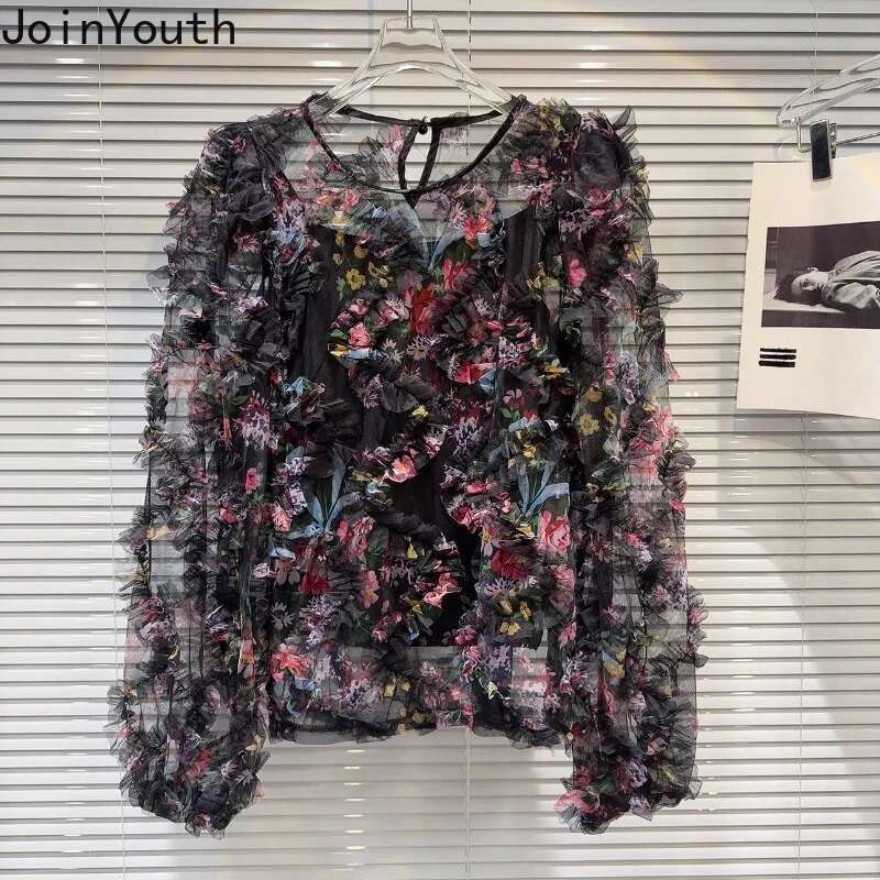 2025 Blusas Mujer De Moda Sweet Blouses Women Clothing Long Sleeve O-neck Gauze Shirts 3D Floral Summer Chic Chiffon Blouse Tops
