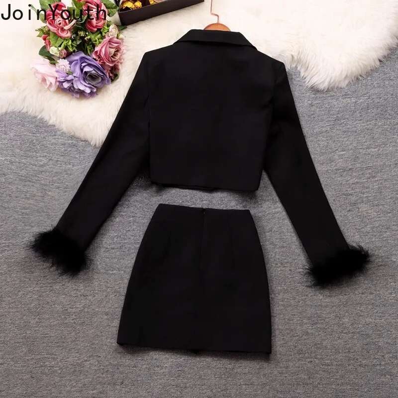 Temperament 2 Piece Sets Womens Outfits Patchwork Furry Long Sleeve Crop Coats Tunic Double-breasted Bodycon Mini Skirts Suit