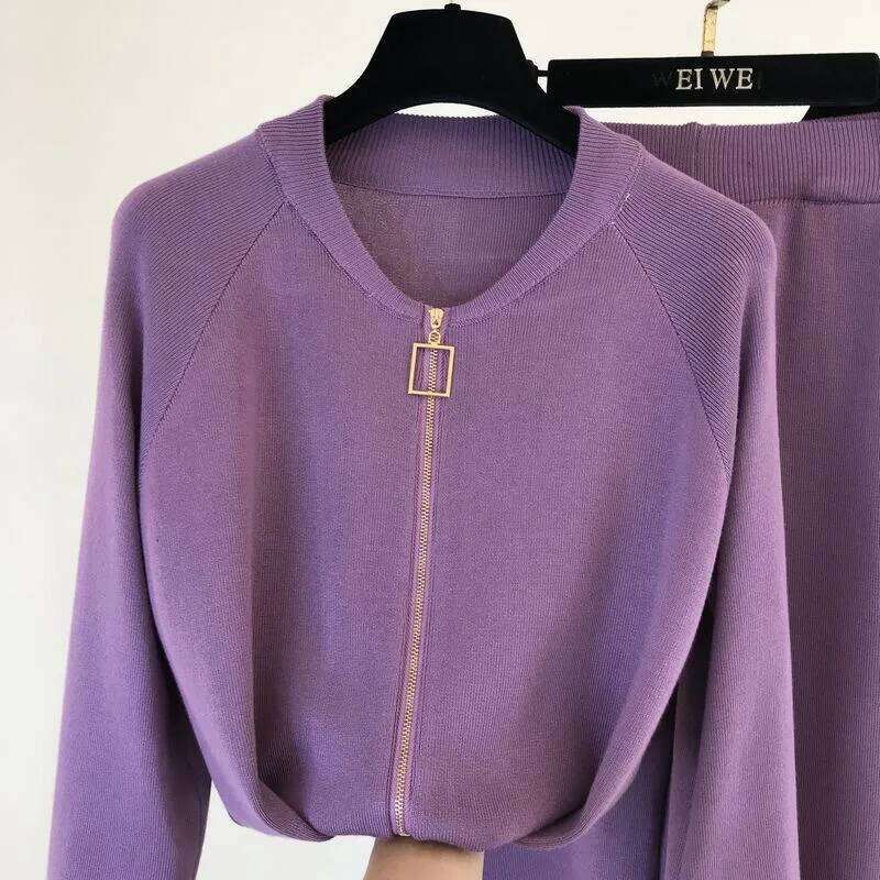 Designer Leisure High Quality 3 piece knitted set Zipper cardigan jacket+pencil pant+camisole matching sets Purple black khaki outfits for women
