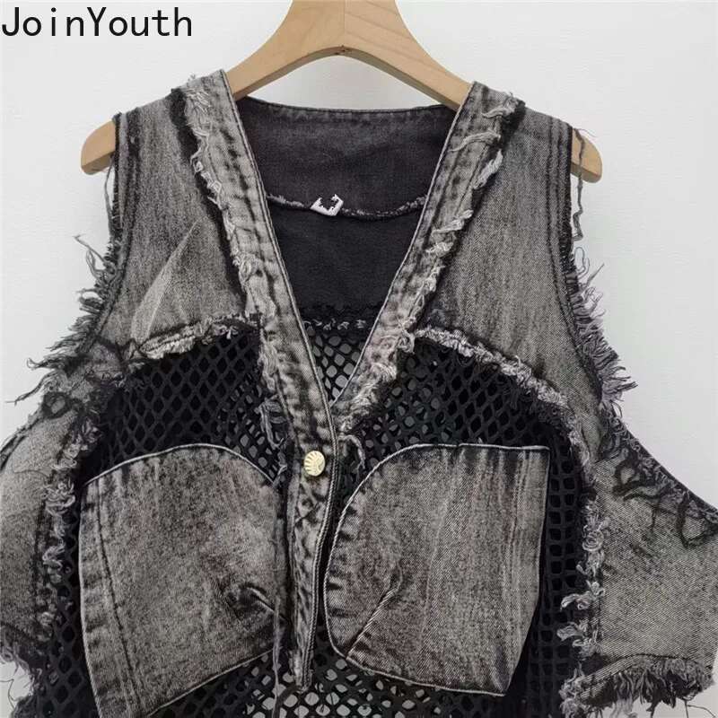 Streetwear Denim Vest Womens Clothing Patchwork Hollow Out Waistcoat Y2k Tops 2025 Ropa Mujer Fashion Casual Sleeveless Tanks