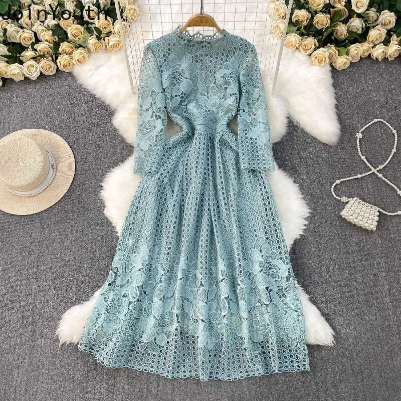 Womens Clothing Elegant Dresses Lace Patchwork O-neck Robe Femme Slim Waist Vintage Hollow Out Dress 2025 Vestidos De Mujer