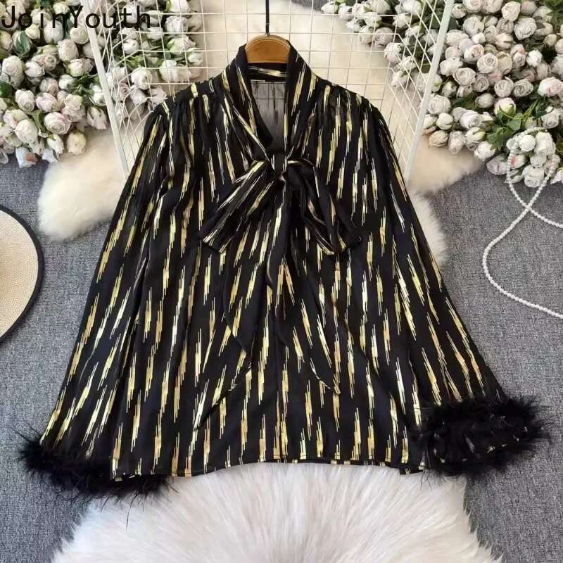 2025 Blusas Mujer De Moda Korean Blouses Women Clothing Patchwork Feather Loose Shirts Vintage Bandage Bow Striped Blouse Tops