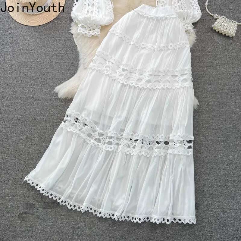 Skirt Outfits Women Clothes Two Piece Sets Lantern Sleeve Stand Neck Shirt High Waist A-line Suit Hollow Out Lace Chic White Set