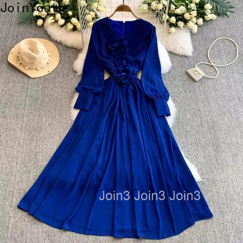 Maxi Woman Dress Slim Waist Temperament Robe Femme 2025 Vestidos De Mujer V-neck Long Sleeve 3D Floral Summer Vintage Dresses