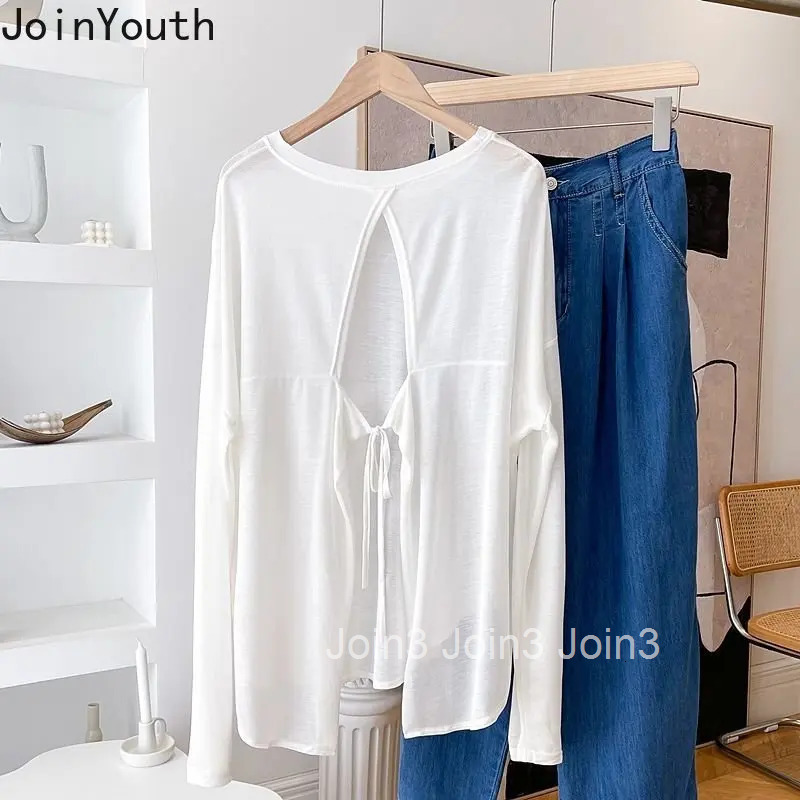 Oversized Tshirts Shirts for Women O-neck Long Sleeve Bandage Thin Tees Hollow Out Backless Casual Sexy T Shirts Irregular Tops