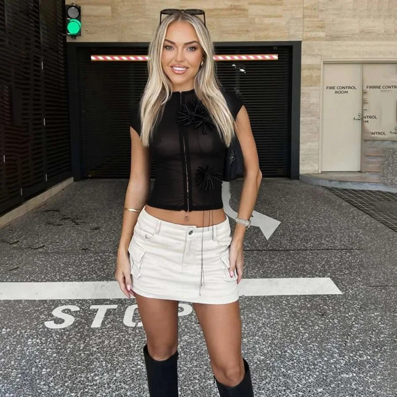 Flower Decoration Tassel Crop Tops Women 2025 Summer Mesh Sheer Single-Breasted Half-High Neck Skinny T-Shirt Streetwear 250619