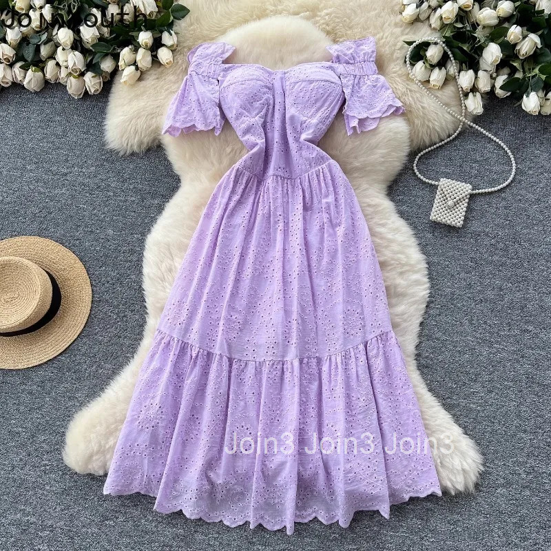 Women Clothing Summer Dresses Slash Neck Slim Waist A-line Robe Femme Temperament Robe Femme Hollow Out Embroidery Sweet Dress