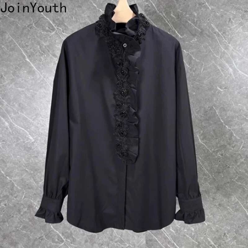 White Blouse Women Clothing Stand Neck Long Sleeve Vintage Shirts 2025 Blusas Mujer De Moda Loose Ruffles Beading Floral Tops