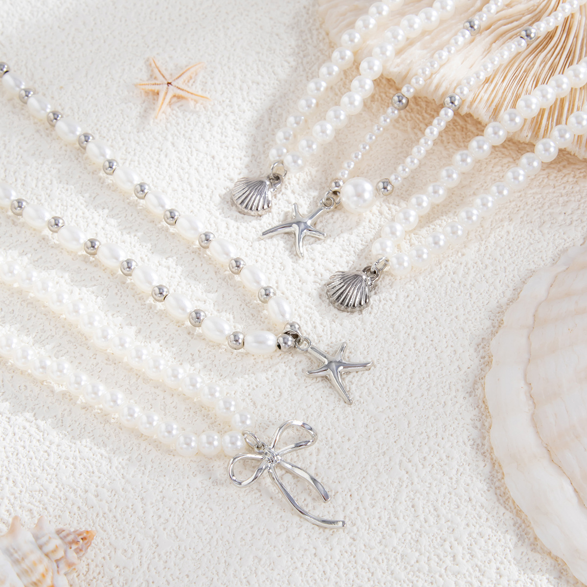 Spicy Style Bow Starfish Pendant Necklace High Quality Pearl Beaded Choker Chain for Women