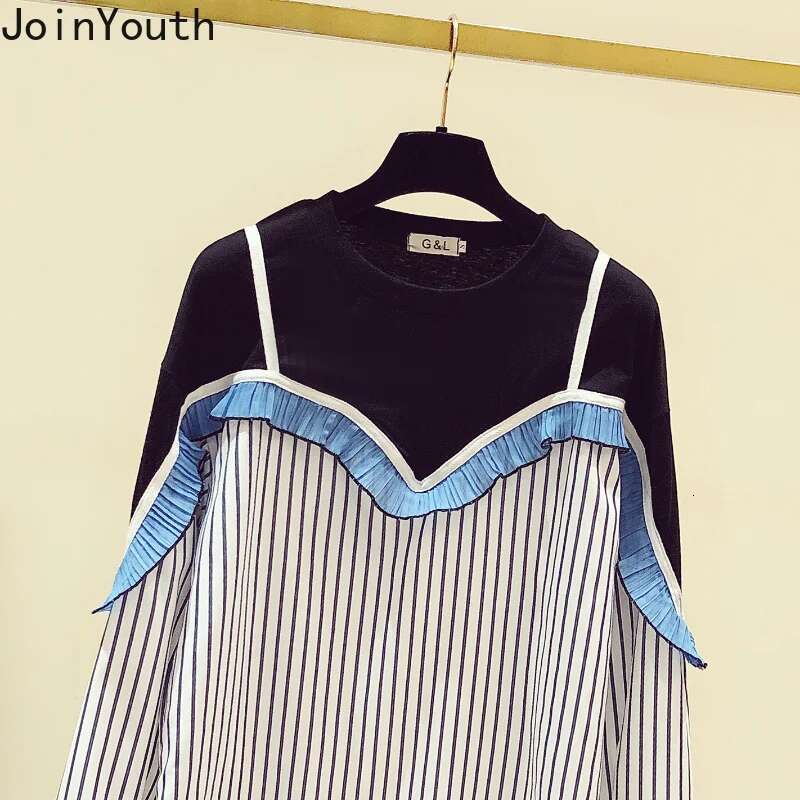 Korean Women Shirts 2025 Blusas Mujer De Moda Patchwork Striped Casual Blouses Fashion Fake Two Loose Ruffles Blouse Tops Femme