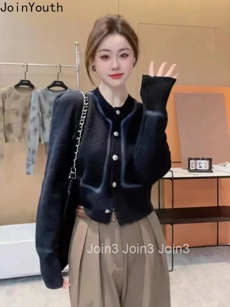 Women Clothing Cropped Cardigan Coat 2025 Ropa Mujer O-neck Contrast Color Pull Femme Knitting Vintage Sweaters Tops Female