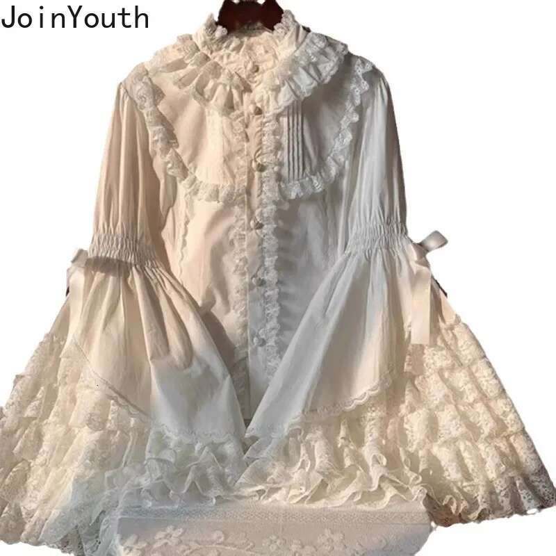 Lolita Style White Blouses Women Clothing Stand Neck Flare Sleeve Sweet Shirts Patchwork Lace Ruffles Tops 2025 Camisas De Mujer