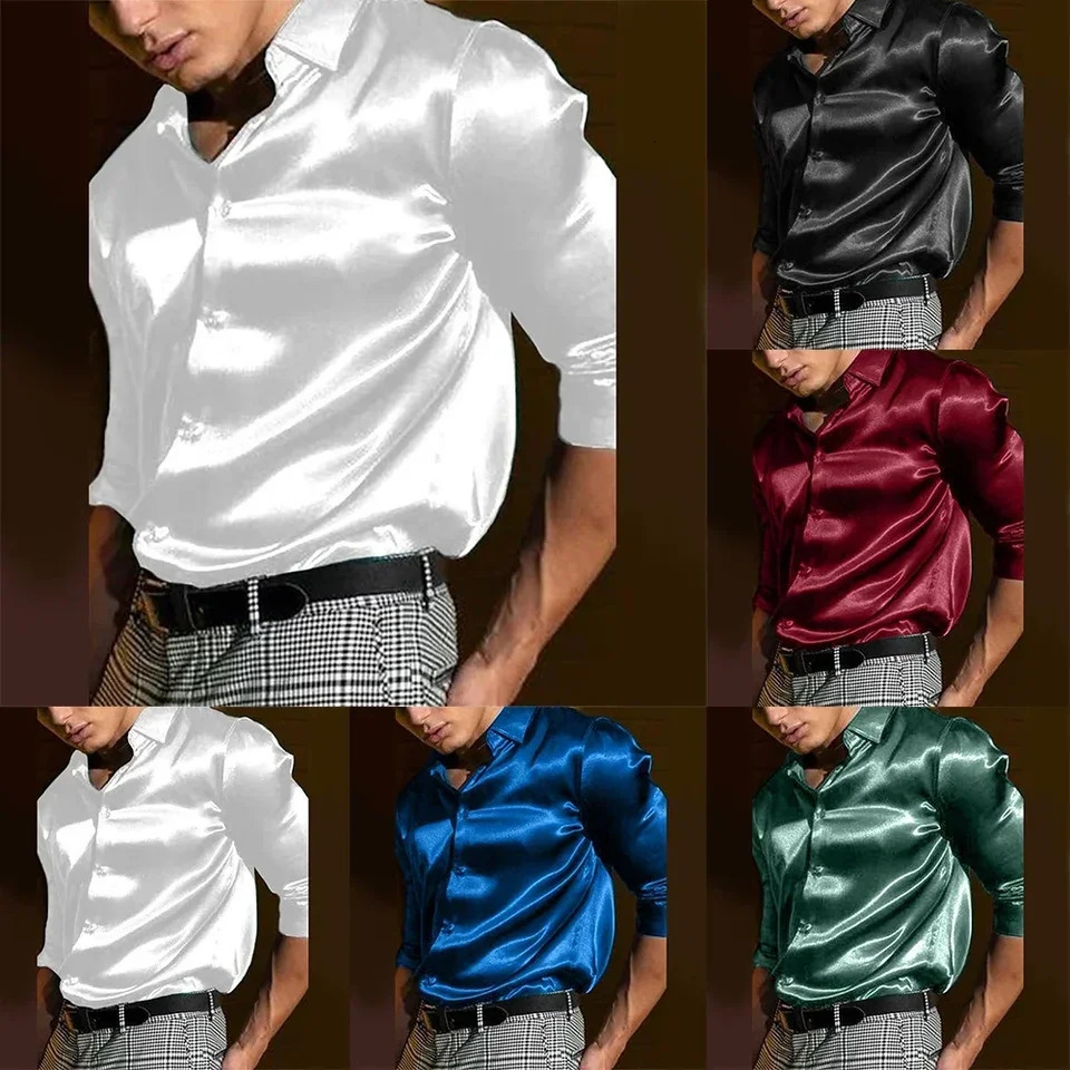 Casual Mens Satin Silky Dress Shirts Long Sleeve Social Single Breasted Turn-Down Collar Shirts Wedding Party Mens Clothing 250618