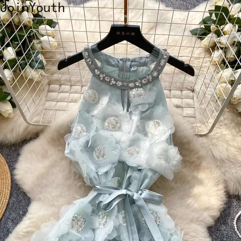 Fashion Secy Womens Dress Chic Diamond Slim Waist Robe Femme 2025 Vestidos De Mujer 3D Floral Sleeveless Summer Mini Dresses