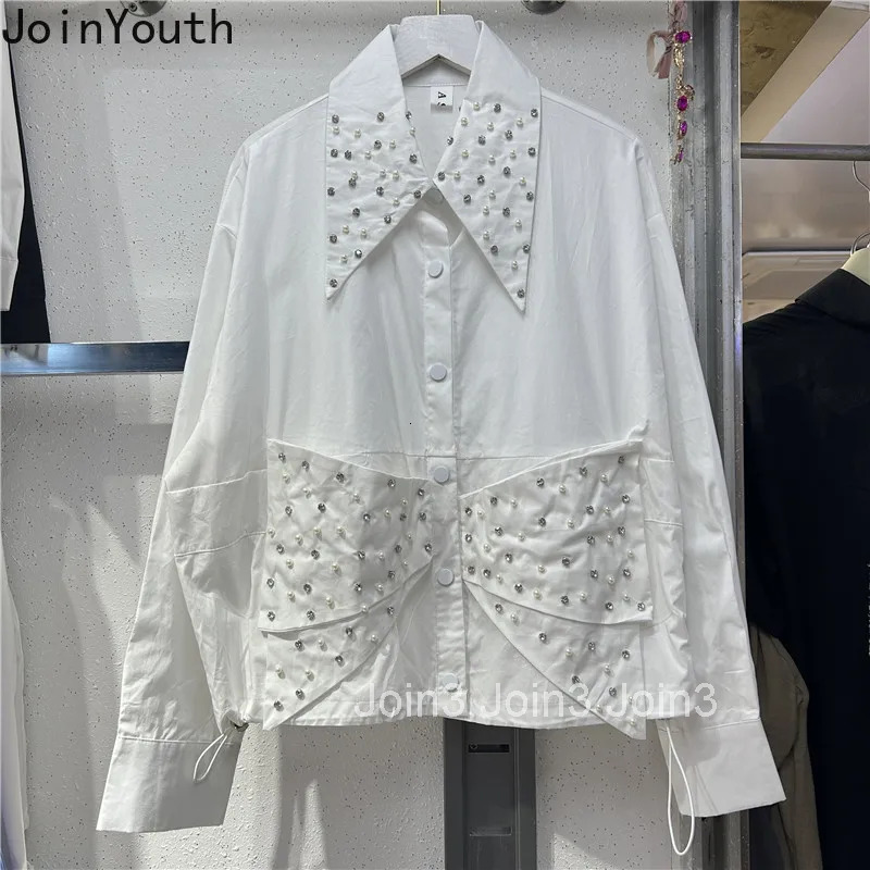 2025 Camisas De Mujer Korean White Blouse Womens Clothing Bow Folds Beading Diamond Shirt Loose Fashion Blouses Tops Female