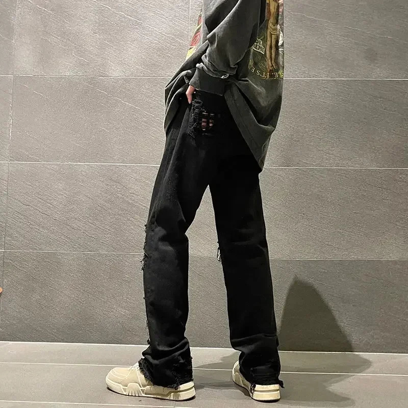Trousers with Holes Man Cowboy Pants Aesthetic Ripped Mens Jeans Torn Broken Black Straight Trend Loose Cotton Washed Kpop 250617