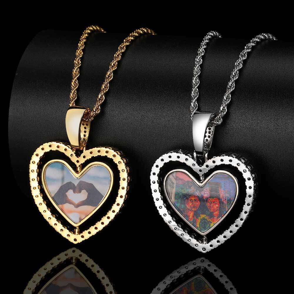 Hip Hop Rotatable Double-Sided Heart with Zircon Inlay Hollow Frame Necklace Photo Pendant 95a1
