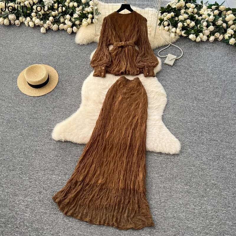 Korean 2 Piece Set Women Clothing 2025 V-neck Slim Waist Tops Slim Fit Bodycon Long Skirt Outfits Chic Temperament Folds Suit