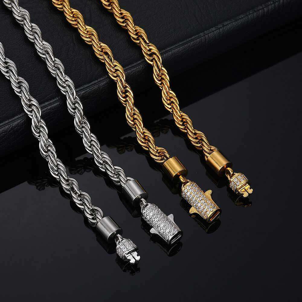 6mm Stainless with Dia Buckle, Twist Chain Men's Necklace, Hip-Hop Jewelry, Titanium Steel Bracelet d10c