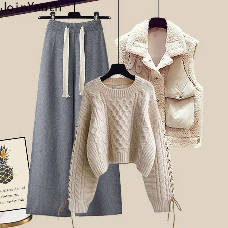 Winter Clothing Fashion 3 Piece Sets for Women Thicked Warm Vest O-neck Casual Pullovers High Waist Wide Leg Pants Suit Knit Set
