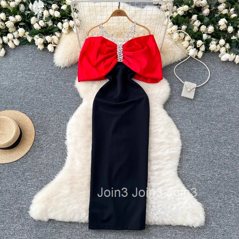 Sexy Party Dresses Women Korean Temperament Robe Femme Slash Neck Diamond Tunic Bow Bodycon Maxi Dress 2025 Vestidos De Mujer