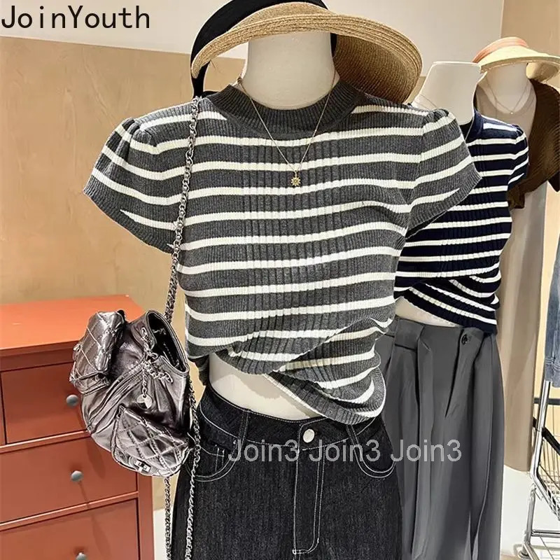 Striped Tshirts 2025 Womens Clothing O-neck Puff Sleeve Vintage Tees Fashion Summer Camisetas Slim Fit Knitting T-shirt Tops