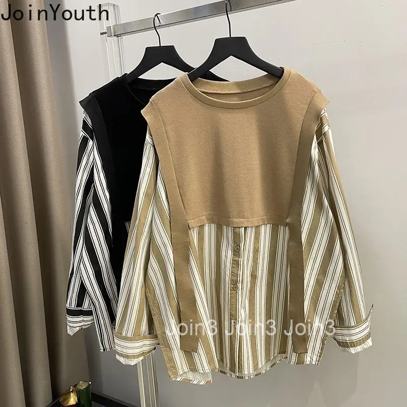 Oversized Blouses Women Clothing Patchwork Striped Shirts Chic Fake Two Fashion Casual Blouse Tosp 2025 Blusas Mujer De Moda