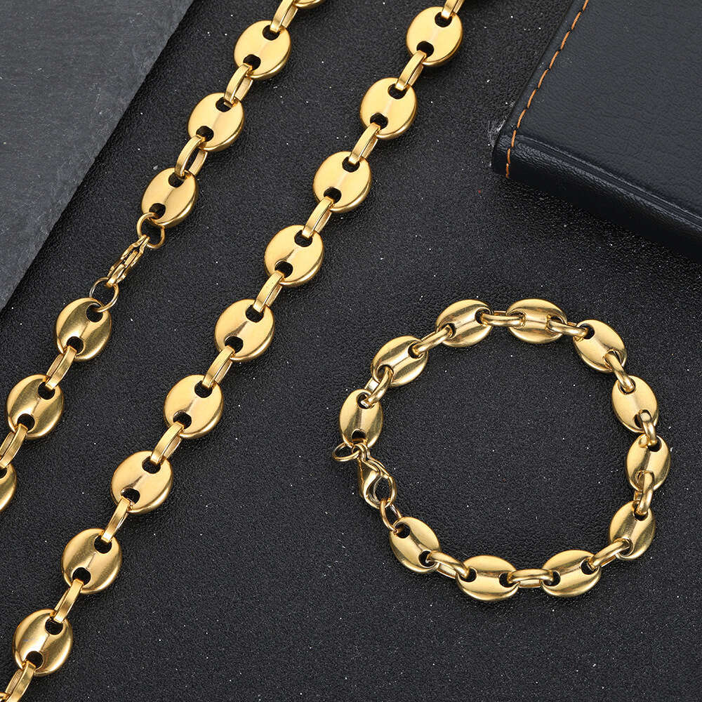 Hip Hop Real Gold Plated 8mm Coffee Bean Lobster Clasp Stainless Steel Pig Nose Button Necklace efee