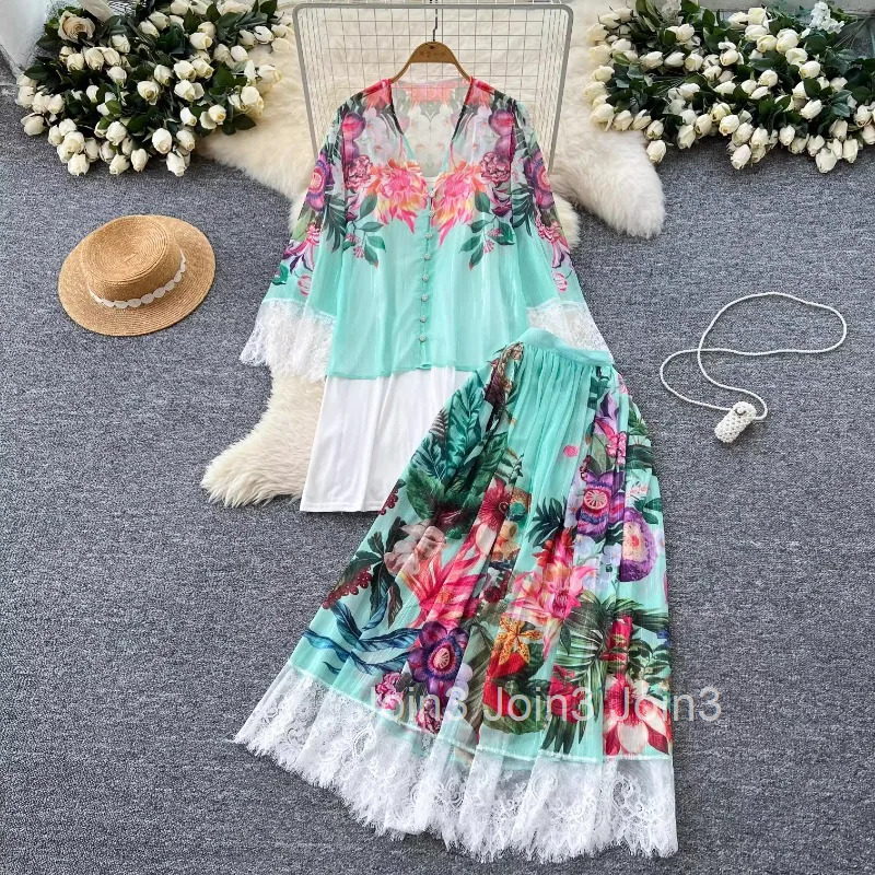 Skirt Suit Women Clothing Summer 2 Piece Set 2025 V-neck Patchwork Lace Floral Chiffon Blouse High Waist A-line Skirts Outfits