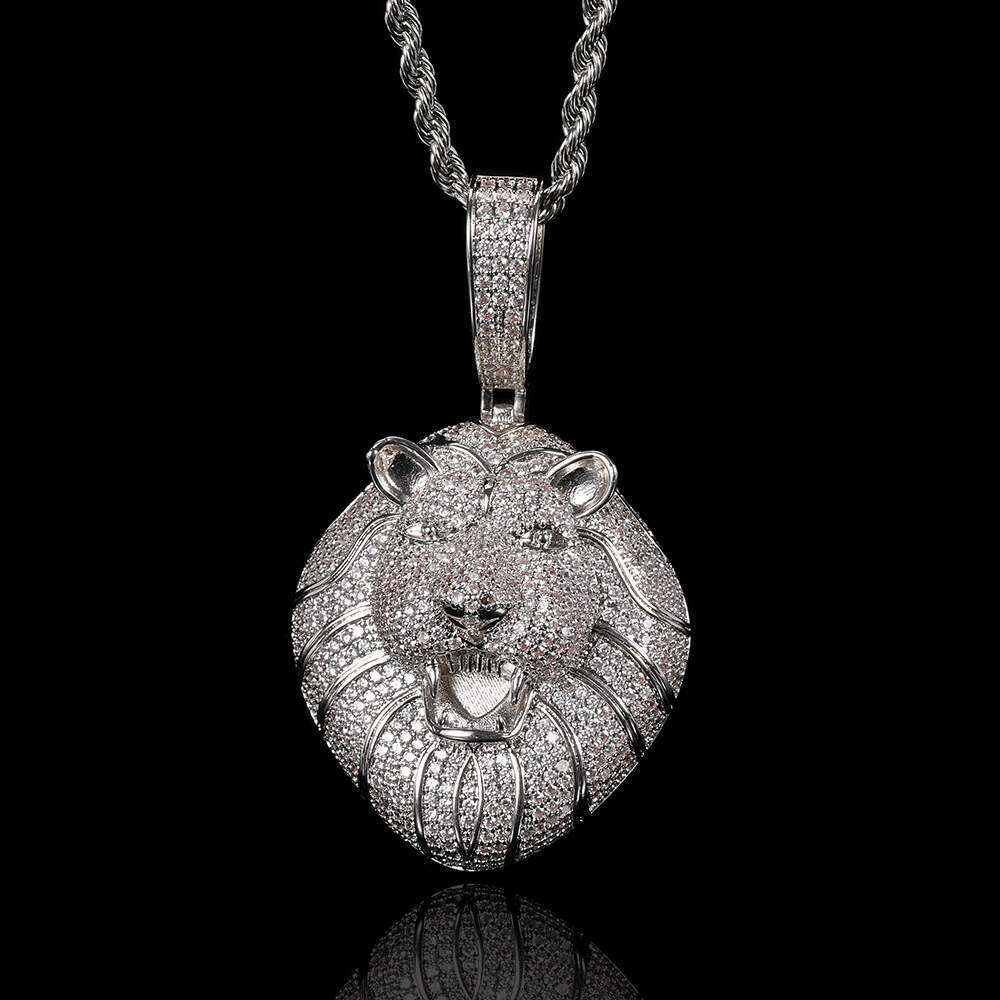 Micro Paved Zircon Solid Lion Head Pendant Real Gold Plated Trendy Hip Hop Men's Necklace Accessory 8aa1