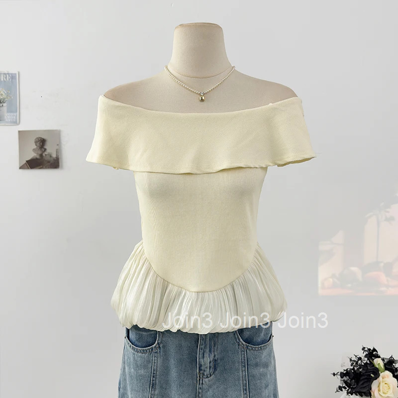 Ruffles Contrast Color T Shirts Womens Clothes Fake Two Tunic Camisetas 2025 Ropa Mujer Slash Neck Fashion Summer T-shirts Tops