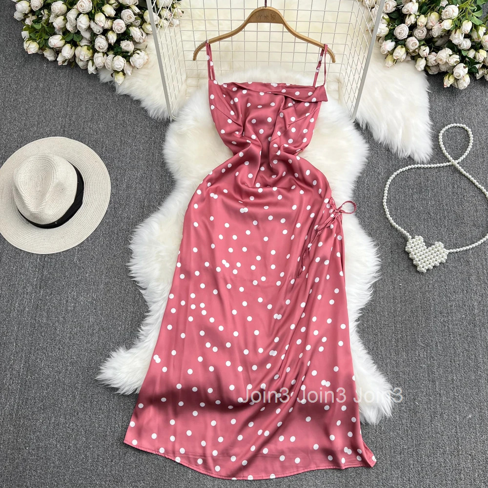 Summer Dress for Women Slim Waist Sleeveless Sling Robe Femme 2025 Vestidos De Mujer Polka Dot Drawstring Fashion Dresses 27v724