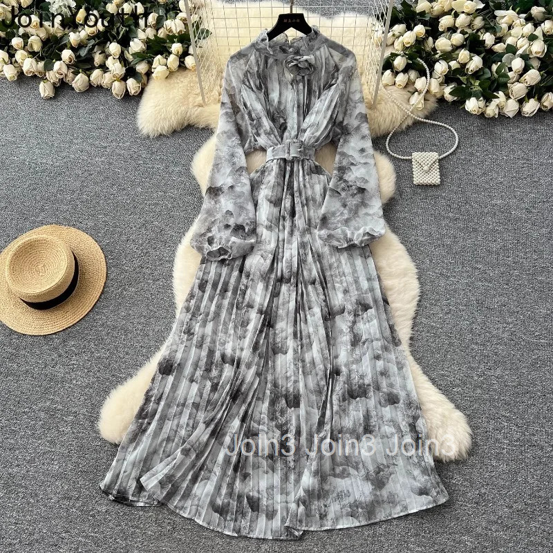 Dress for Women 2025 Vestidos De Mujer Bandage Slim Waist A-line Floral Robe Femme 3D Floral Chiffon Summer Pleated Maxi Dresses