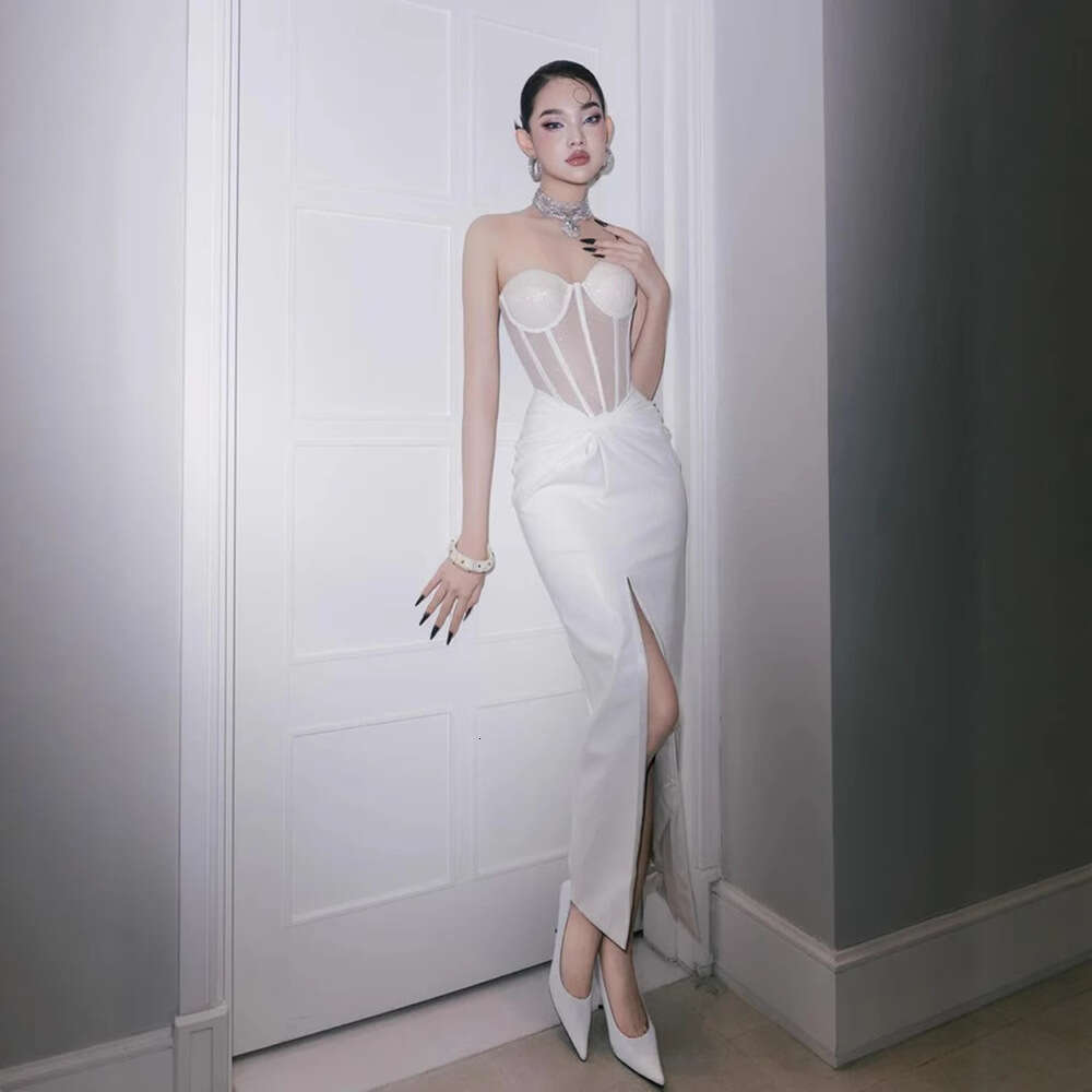 White Skirt Maxi Skirt French Elegant Mature Style Sheer Mesh Fishbone Slimming Satin Split Long Dress Sexy High End Birthday Evening Gown Long Skirt