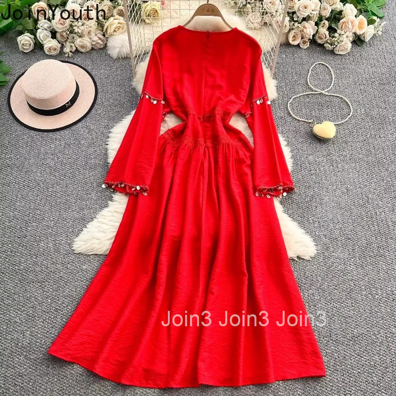 Elegant Woman Dress V-neck Flare Sleeve Slim Waist Robe Femme 2025 Vestidos De Mujer Chic Tassel Vintage Summer Maxi Dresses