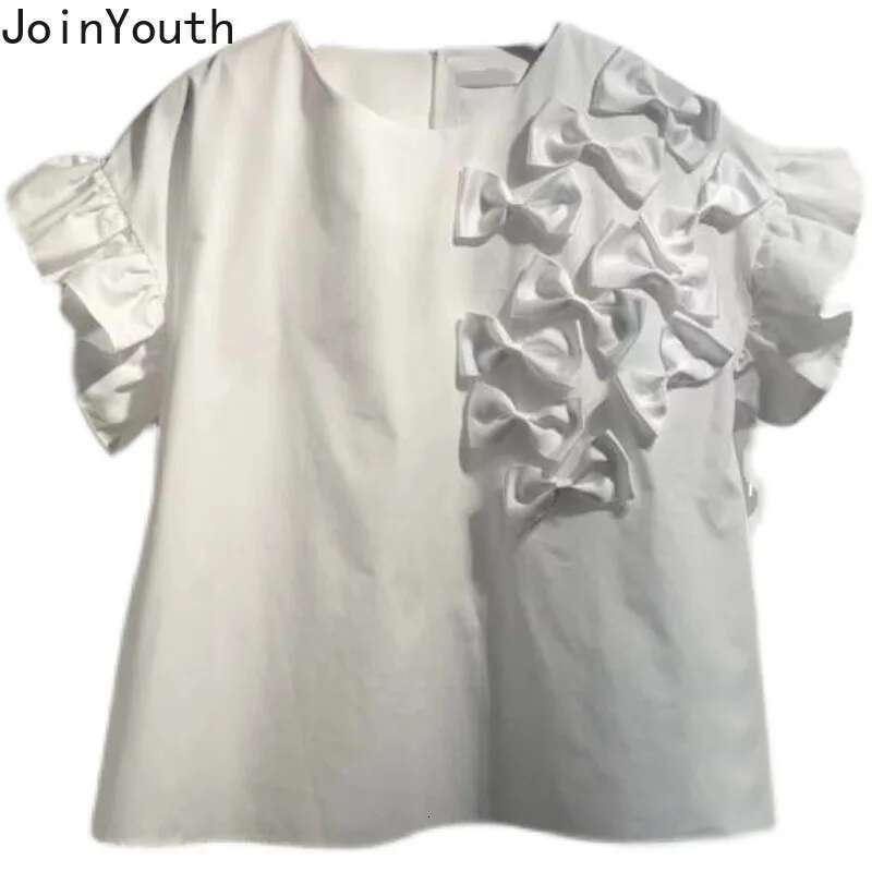 White T Shirts for Women 2025 Ropa Mujer Sweet 3D Bow Summer Tees Cute Crop Tops O-neck Short Sleeve Ruffles Fashion Y2k Tshirt